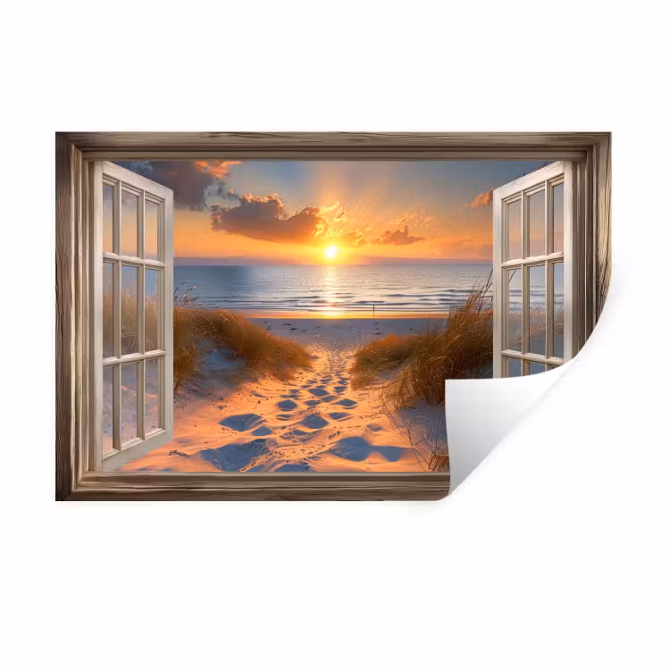 Muursticker - Doorkijk - Strand - Duinen - Zonsondergang — 1