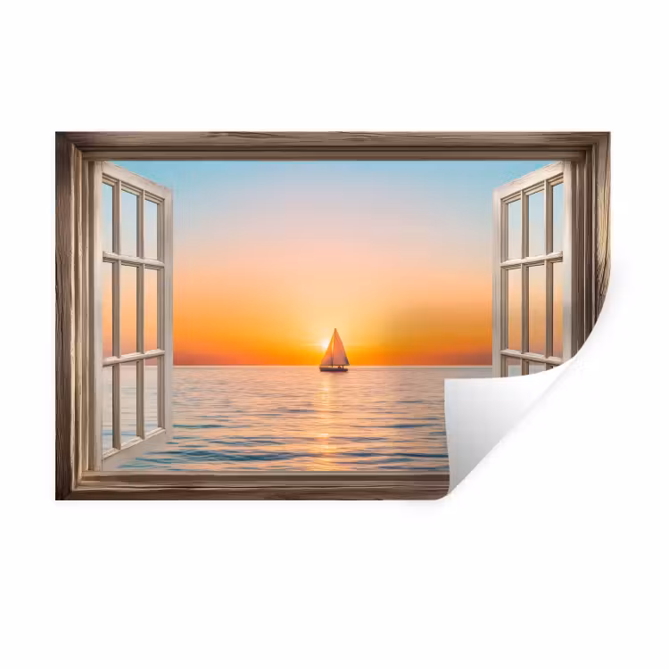Muursticker - Doorkijk - Zee - Boot - Zonsondergang — 1