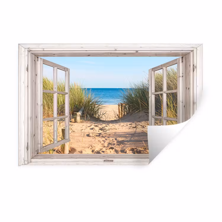 Muursticker - Doorkijk - Strand - Zee - Duinen - Zand - Water - Helmgras — 1