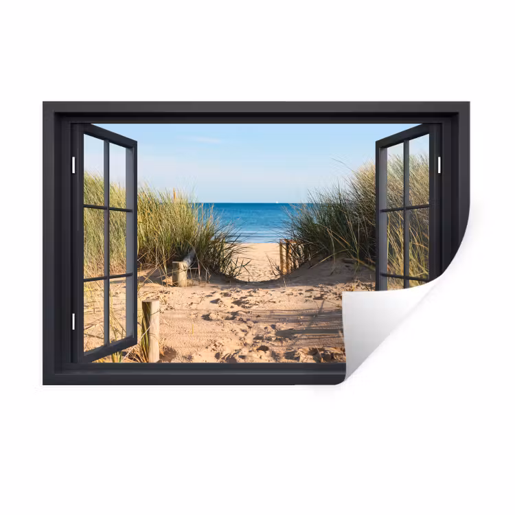 Muursticker - Doorkijk - Strand - Zee - Zand - Water - Helmgras - Duinen — 1
