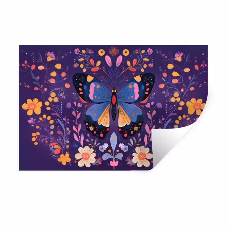 Muursticker - Sierlijk - Bloemen - Vlinder - Paars — 1
