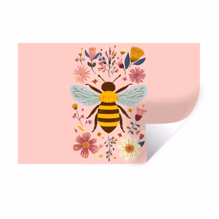 Muursticker - Bij - Geel - Bloemen - Kleurrijk — 1