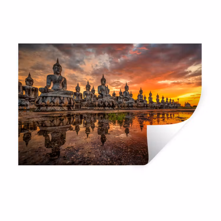 Muursticker - Boeddha beelden - Zonsondergang - Water - Boeddhisme — 1