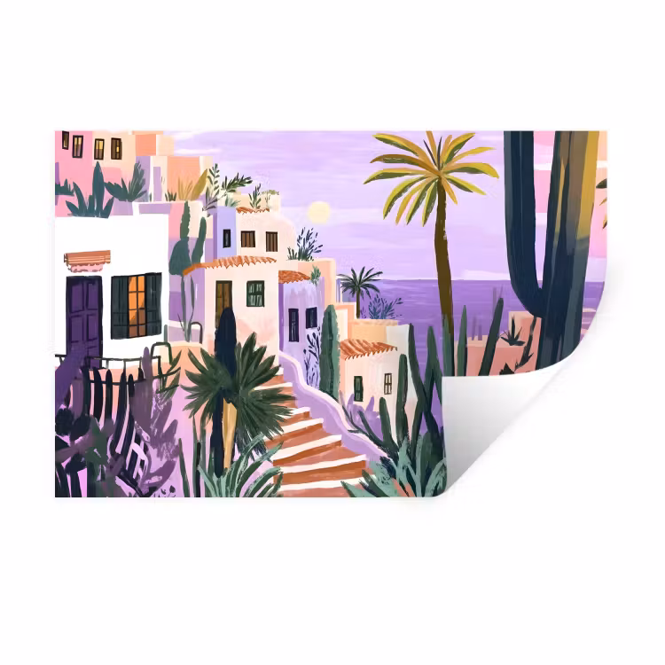 Muursticker - Huizen - Minimalistisch - Palmbomen - Kust — 1