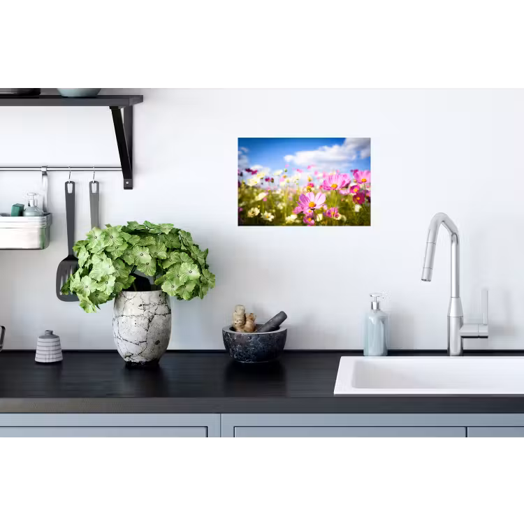 Muursticker - Bloemen - Wei - Paars - Gras - Wit - Wolken - Blauw — 2