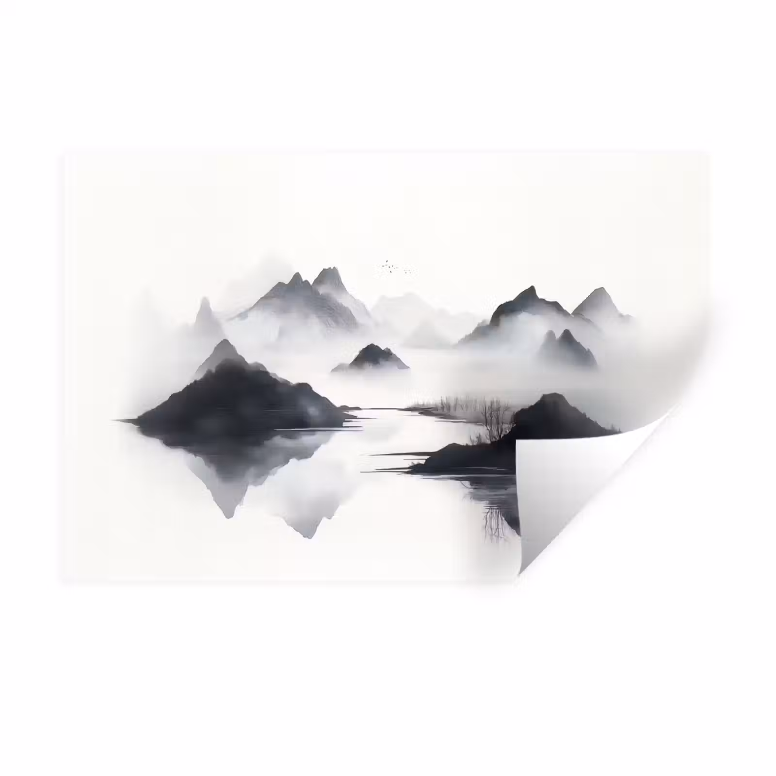 Muursticker - Bergen - Mistig - Water - Wit — 1
