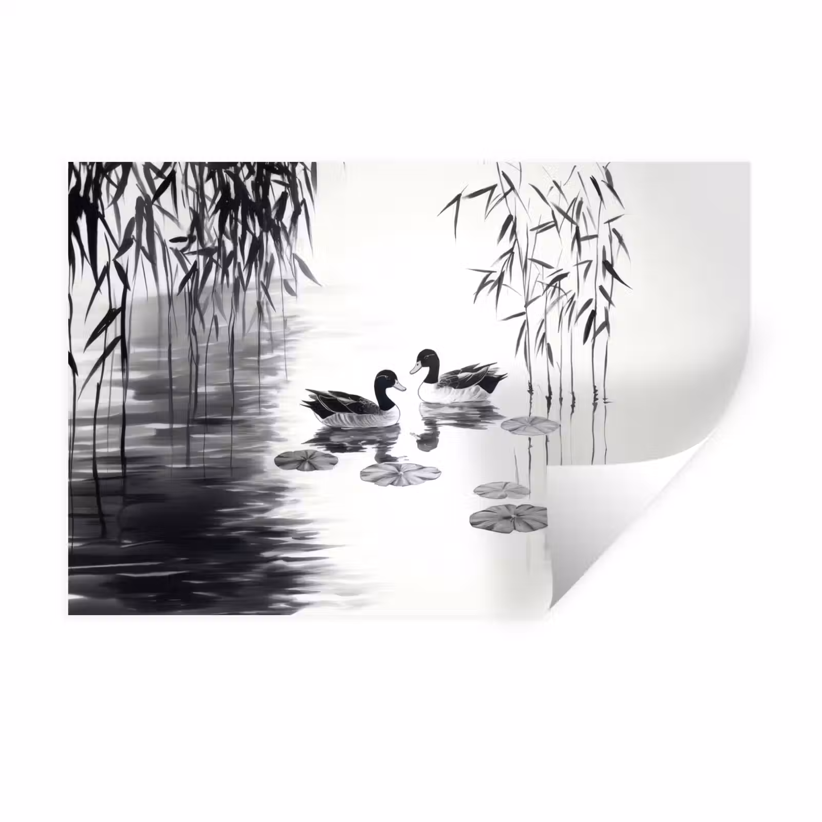 Muursticker - Eenden - Waterlelies - Riet - Zwart — 1