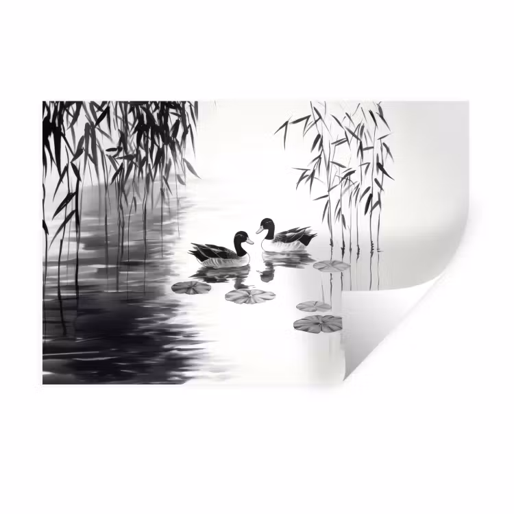 Muursticker - Eenden - Waterlelies - Riet - Zwart — 1