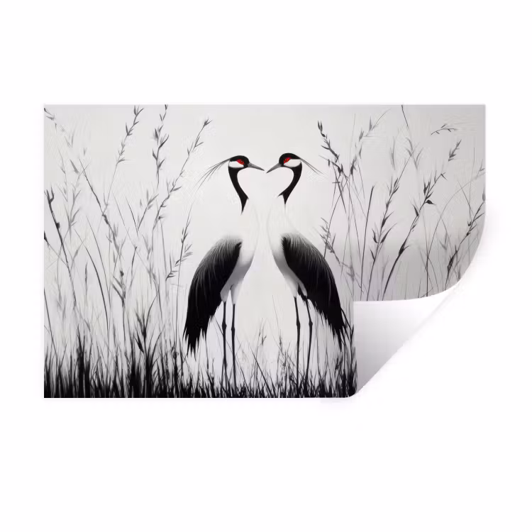 Muursticker - Kraanvogels - Gras - Hartvorm - Zwart — 1