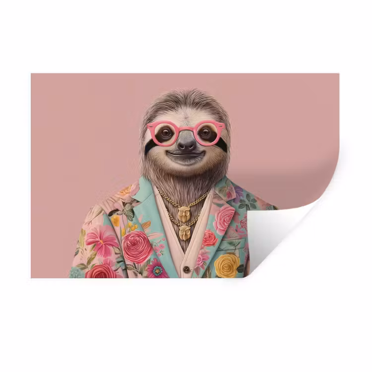 Muursticker - Luiaard - Bloemenprint - Bril - Roze — 1
