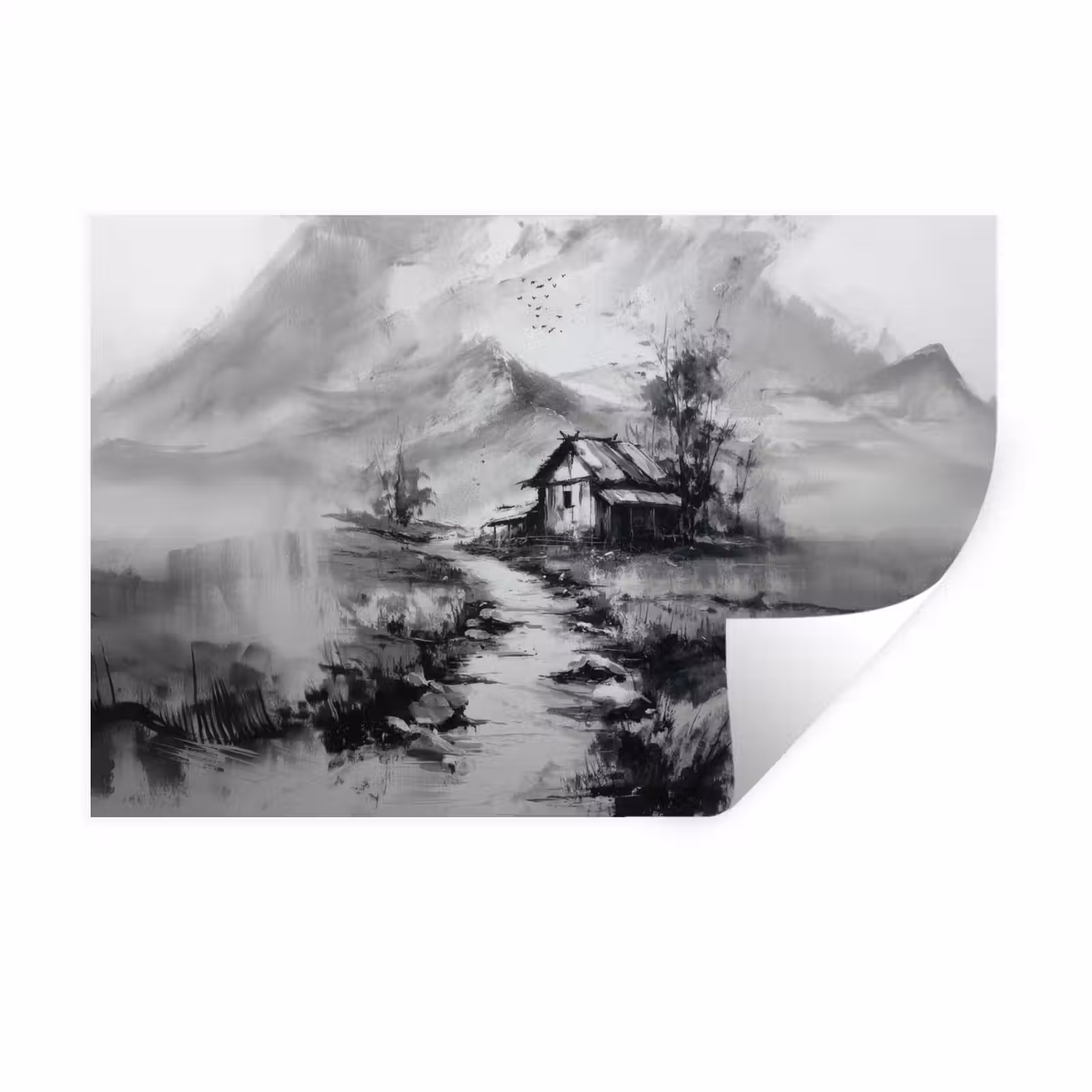 Muursticker - Hut - Grijs - Bergen - Mistig — 1