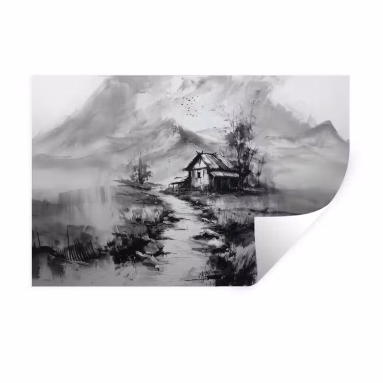 Muursticker - Hut - Grijs - Bergen - Mistig — 1