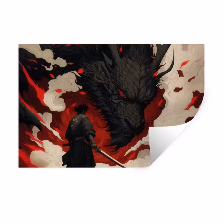 Muursticker - Krijger - Draak - Zwart - Rood - Rook — 1