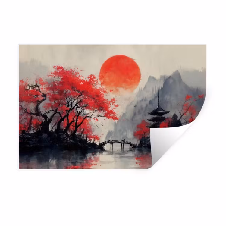 Muursticker - Rode zon - Rivier - brug - Bomen — 1