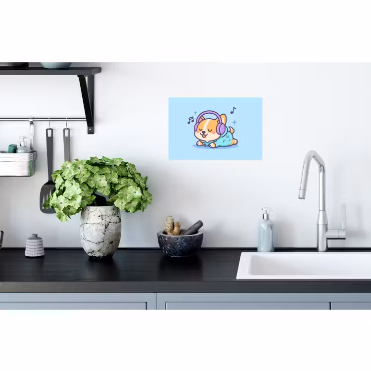 Muursticker - Corgi - Koptelefoon - Blauw - Muzieknoten — 2