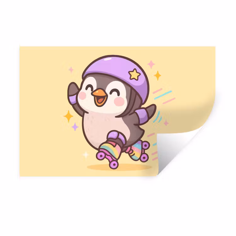 Muursticker - Pinguïn - Rolschaatsen - Geel - Energiek — 1