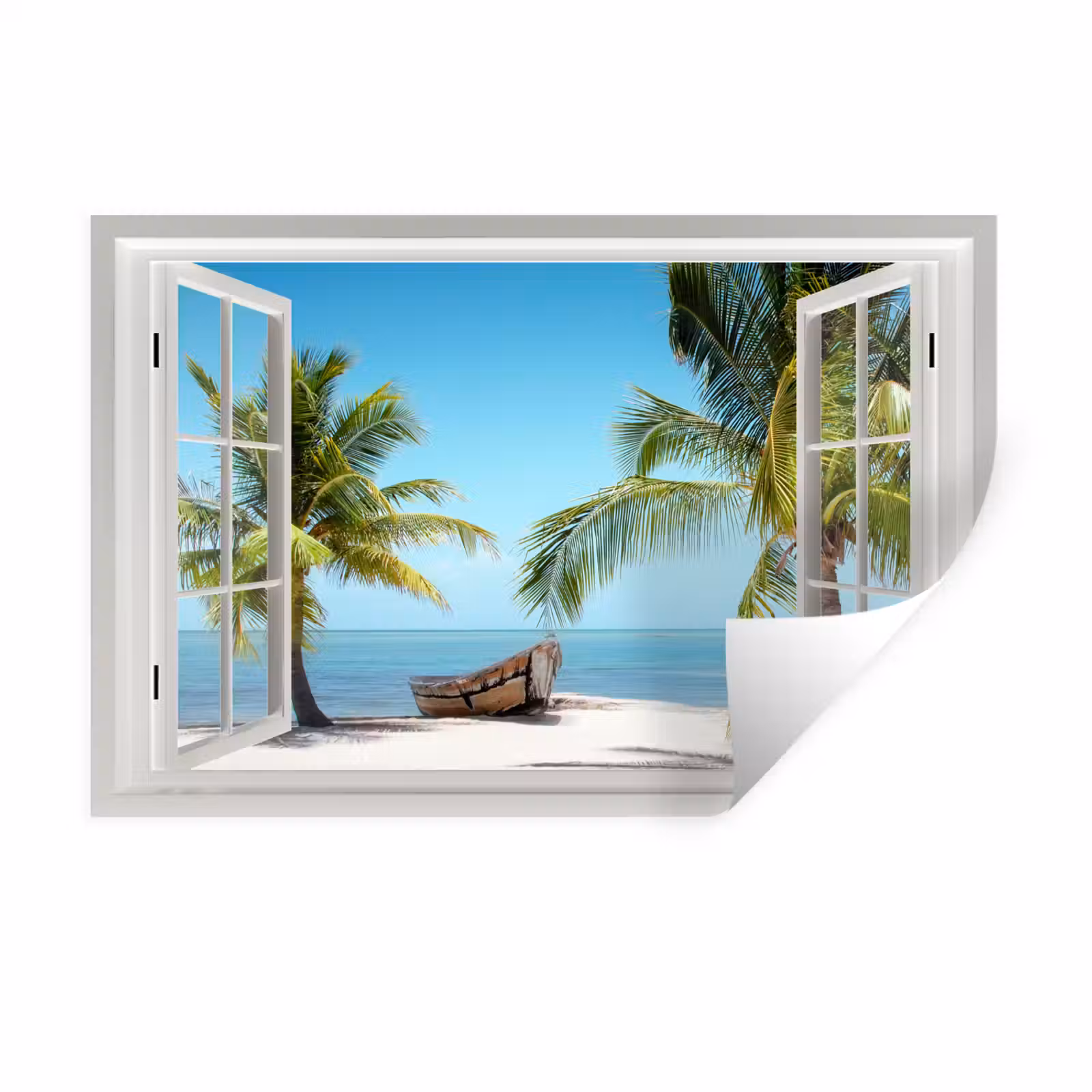 Muursticker - Doorkijk - Strand - Palmboom - Boot - Tropisch - Zee - Blauw — 1