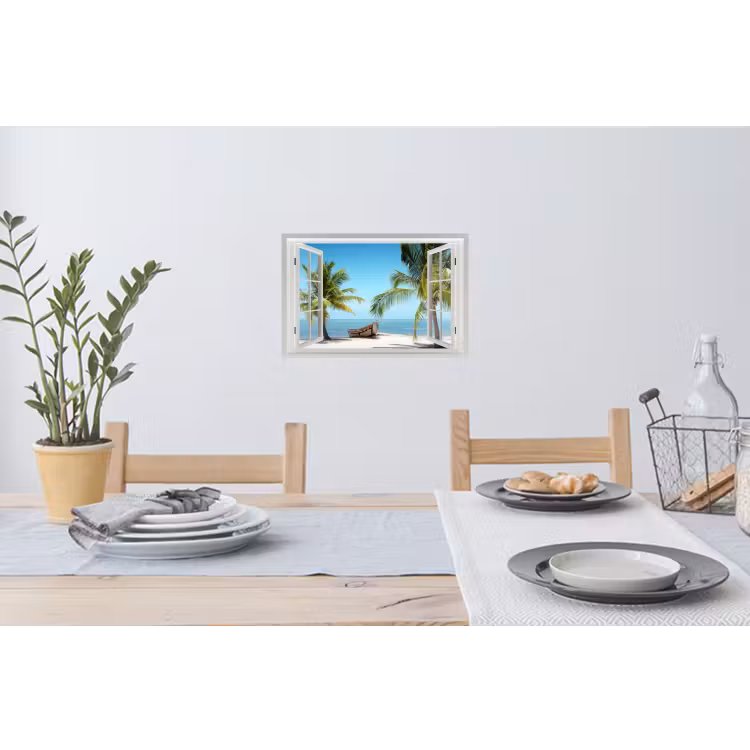 Muursticker - Doorkijk - Strand - Palmboom - Boot - Tropisch - Zee - Blauw — 3