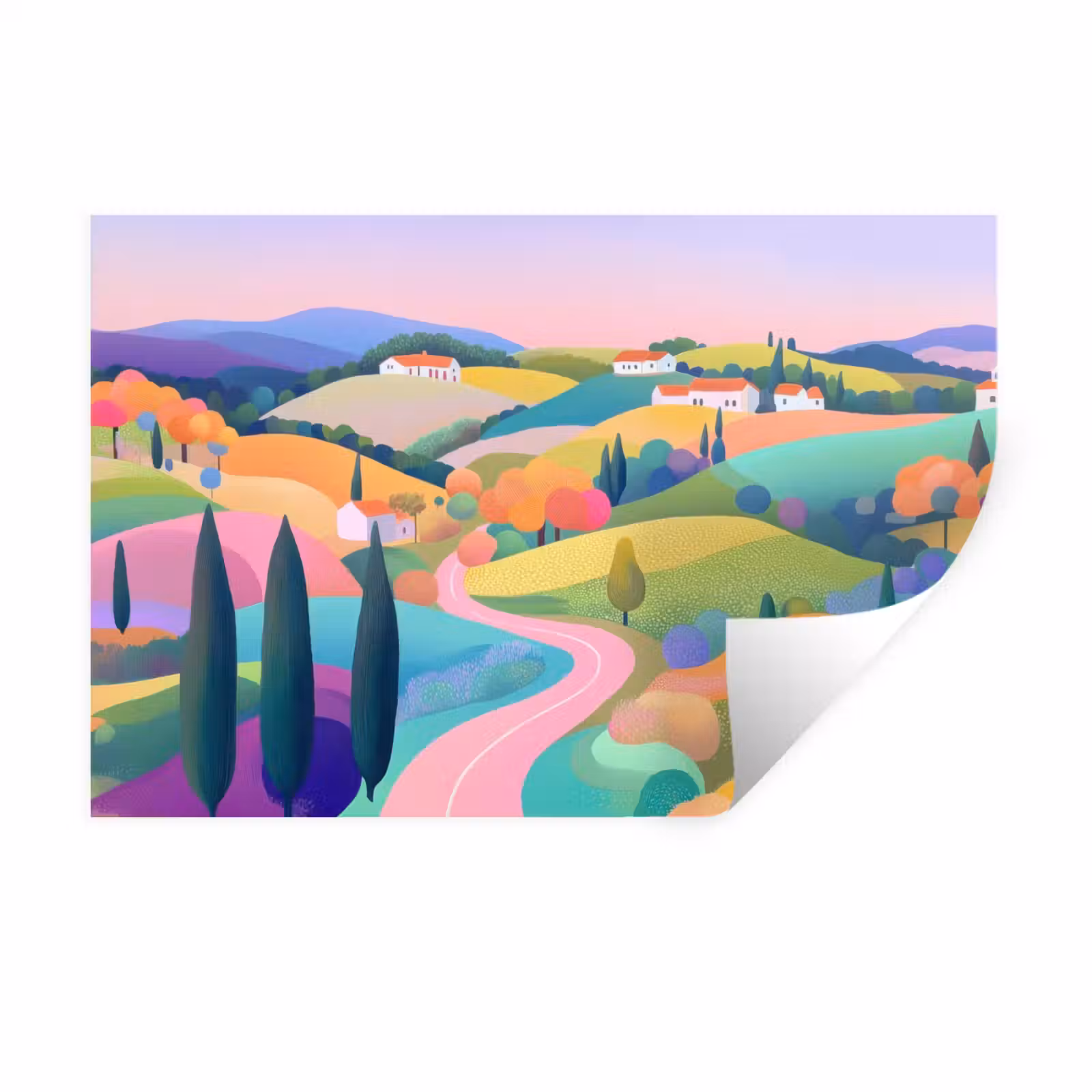 Muursticker - Landschap - Paars - Pastel - Huizen — 1