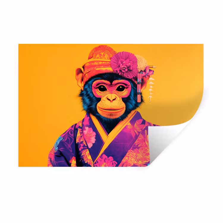 Muursticker - Aap - Kimono - Bloemen - Hoofdtooi — 1