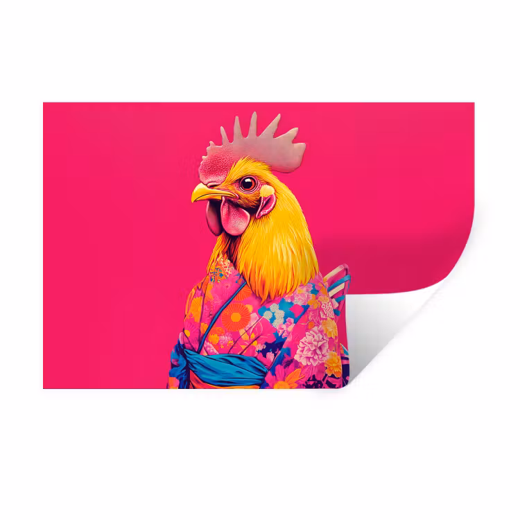 Muursticker - Haan - Kleurrijk - Kimono - Roze — 1