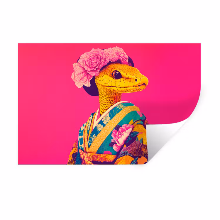 Muursticker - Hagedis - Bloemen - Roze - Kimono — 1