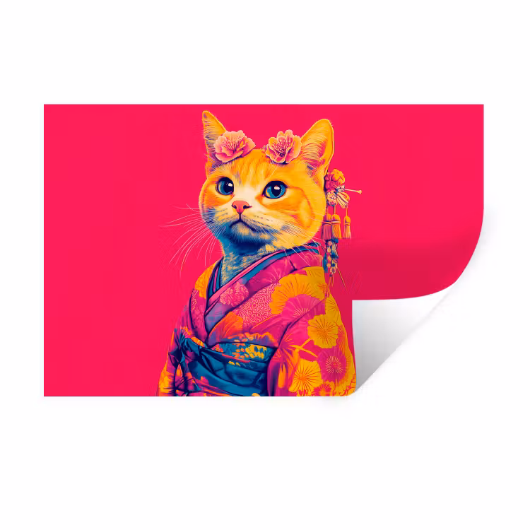 Muursticker - Kat - Kimono - Bloemen - Roze — 1