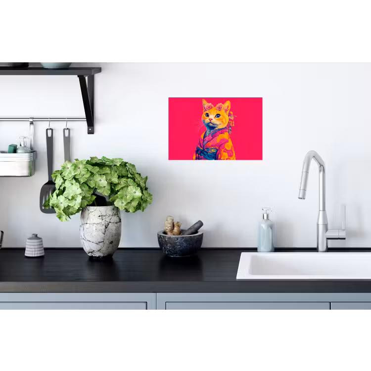 Muursticker - Kat - Kimono - Bloemen - Roze — 2