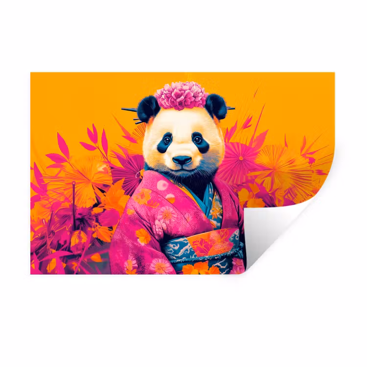 Muursticker - Kimono - Roze - Panda - Bloemenkroon — 1