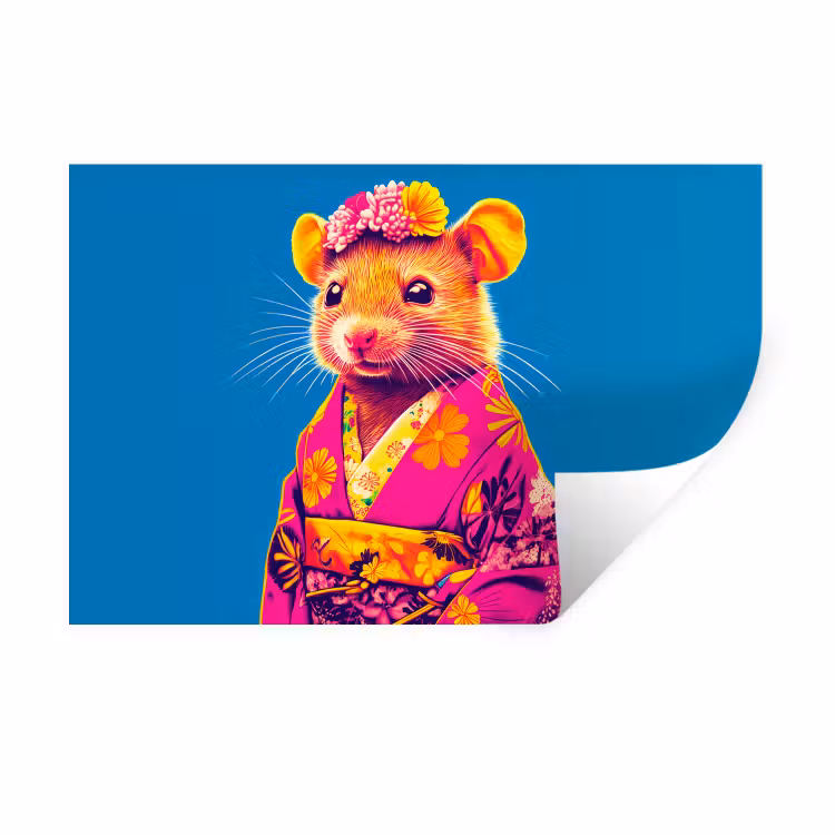 Muursticker - Muis - Kimono - Bloemen - Blauw — 1