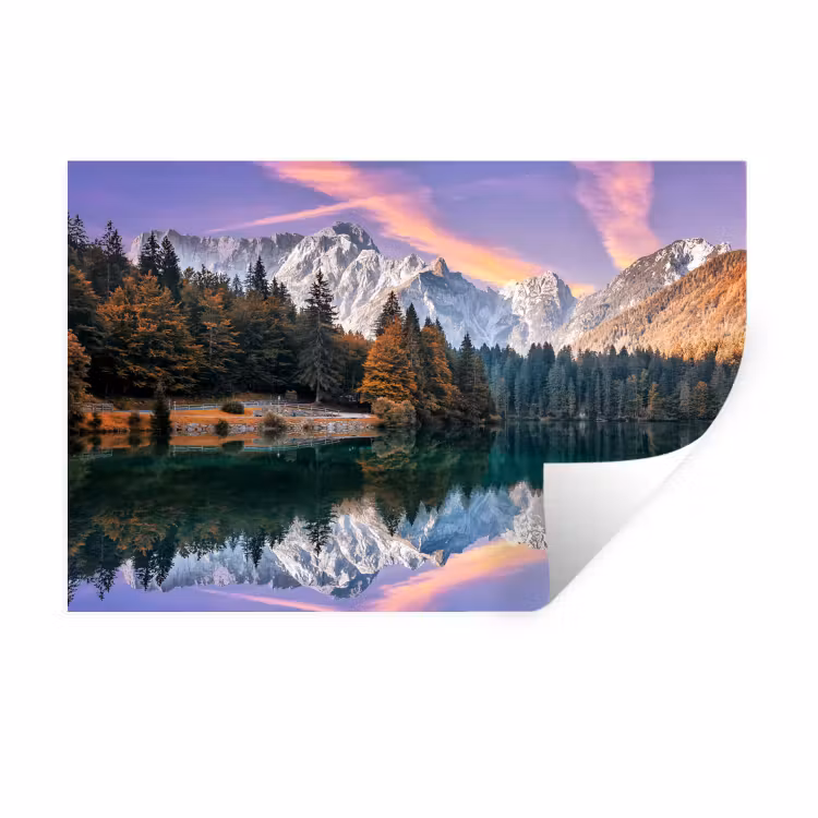 Muursticker - Bergen - Bos - Water - Lucht - Roze - Paars — 1