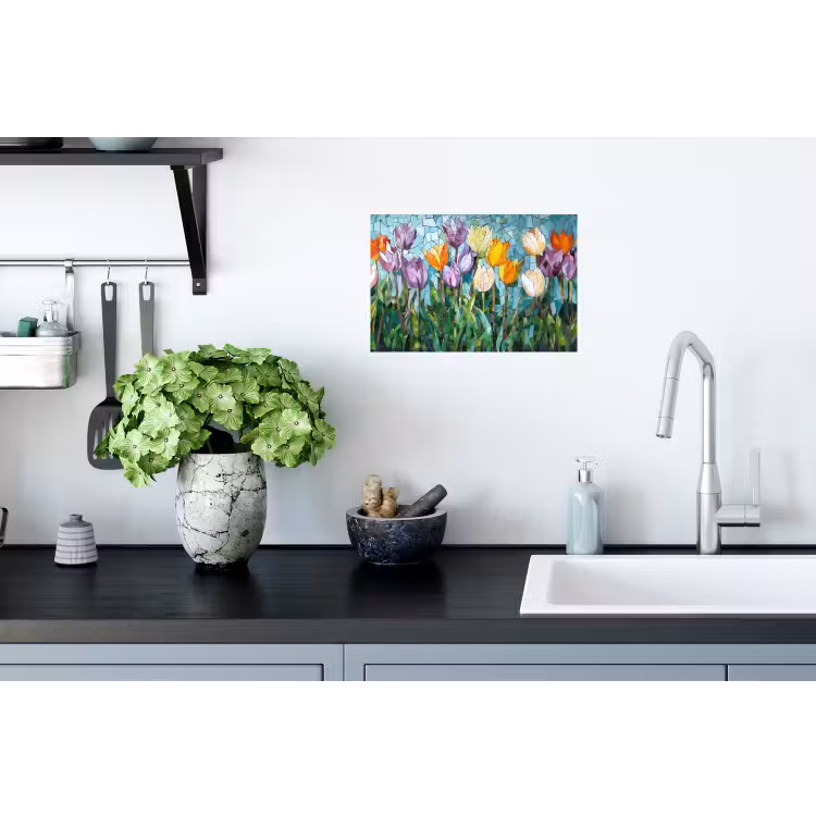 Muursticker - Mozaïek - Veld - Tulpen - Kleurrijk — 2