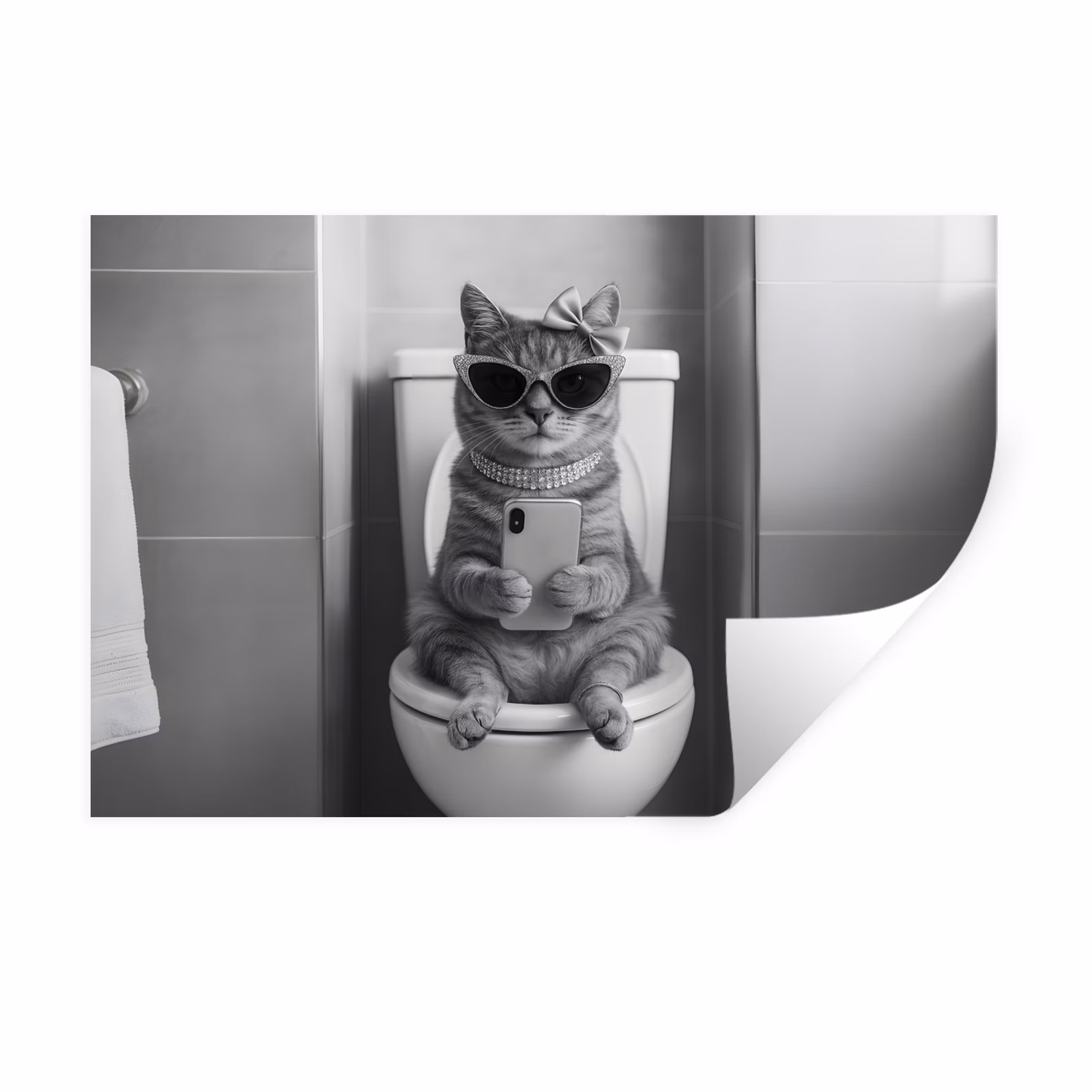 Muursticker - Kat - Telefoon - Toilet - Zwart - Wit — 1