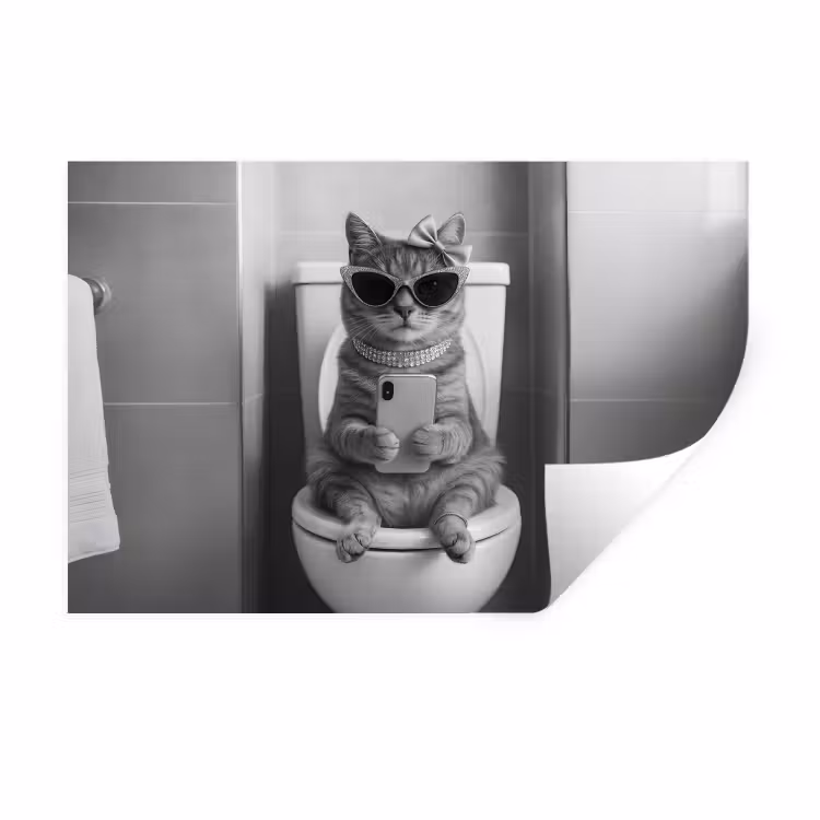Muursticker - Kat - Telefoon - Toilet - Zwart - Wit — 1