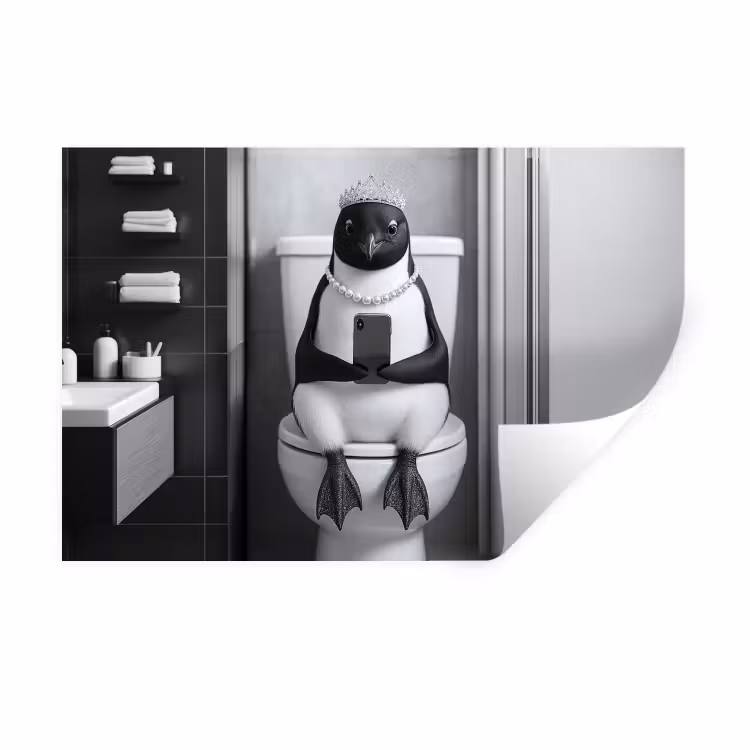 Muursticker - Pinguïn - Telefoon - Toilet - Zwart - Wit — 1