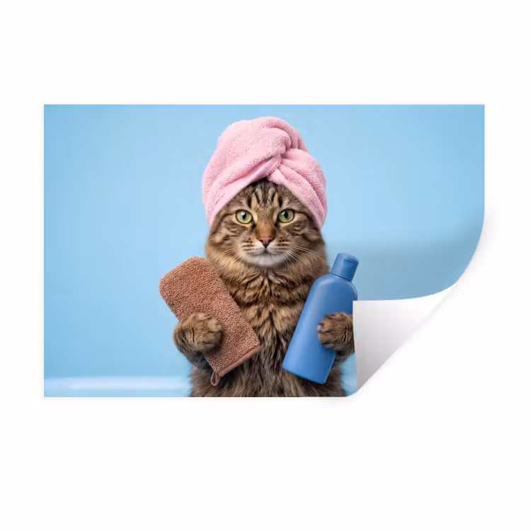 Muursticker - Kat - Handdoek - Washand - Zeep — 1