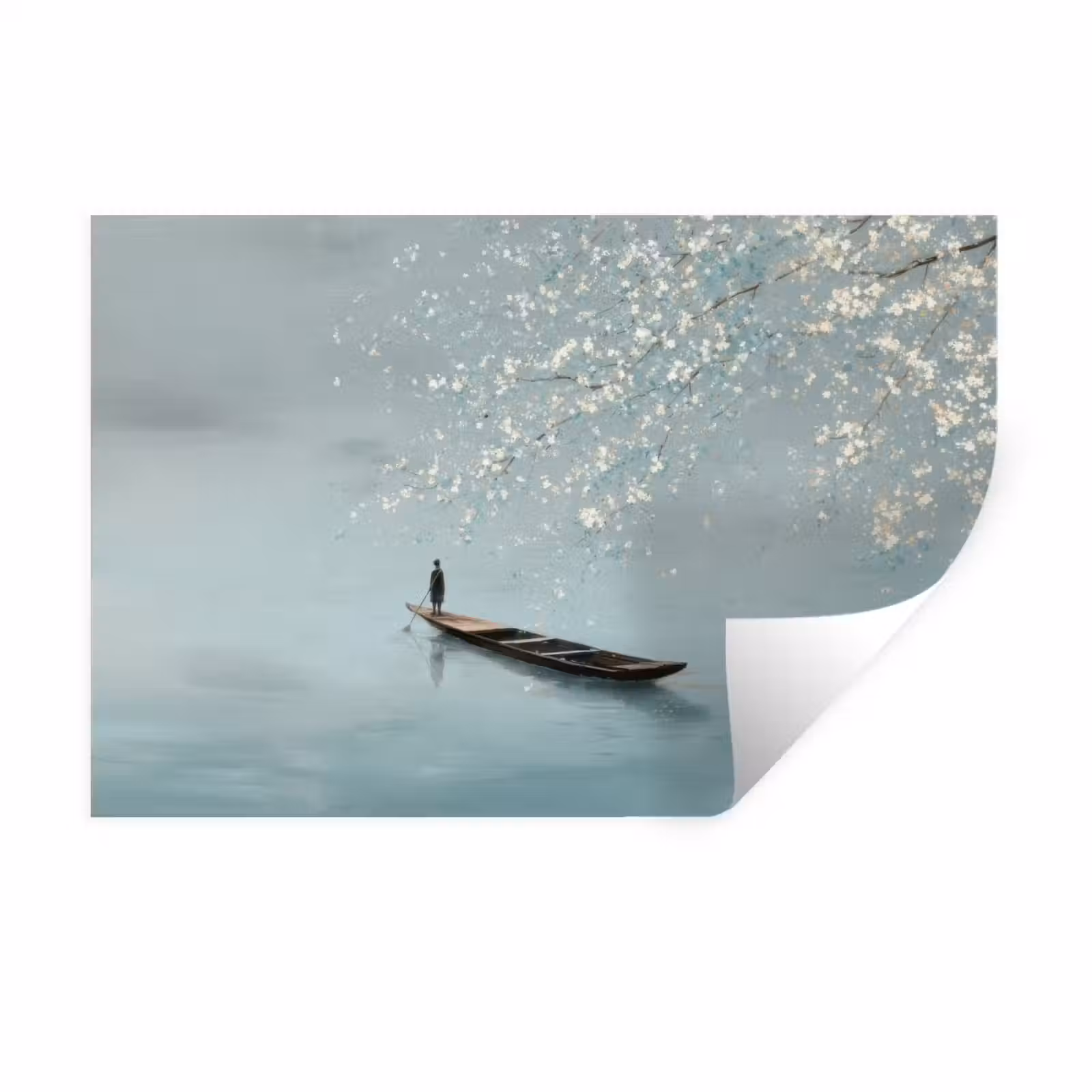 Muursticker - Bloesems - Minimalistisch - Wateroppervlak - Boot — 1
