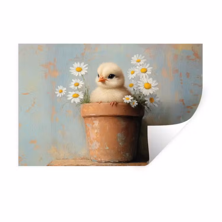 Muursticker - Bloempot - Kuiken - Bloemetjes — 1