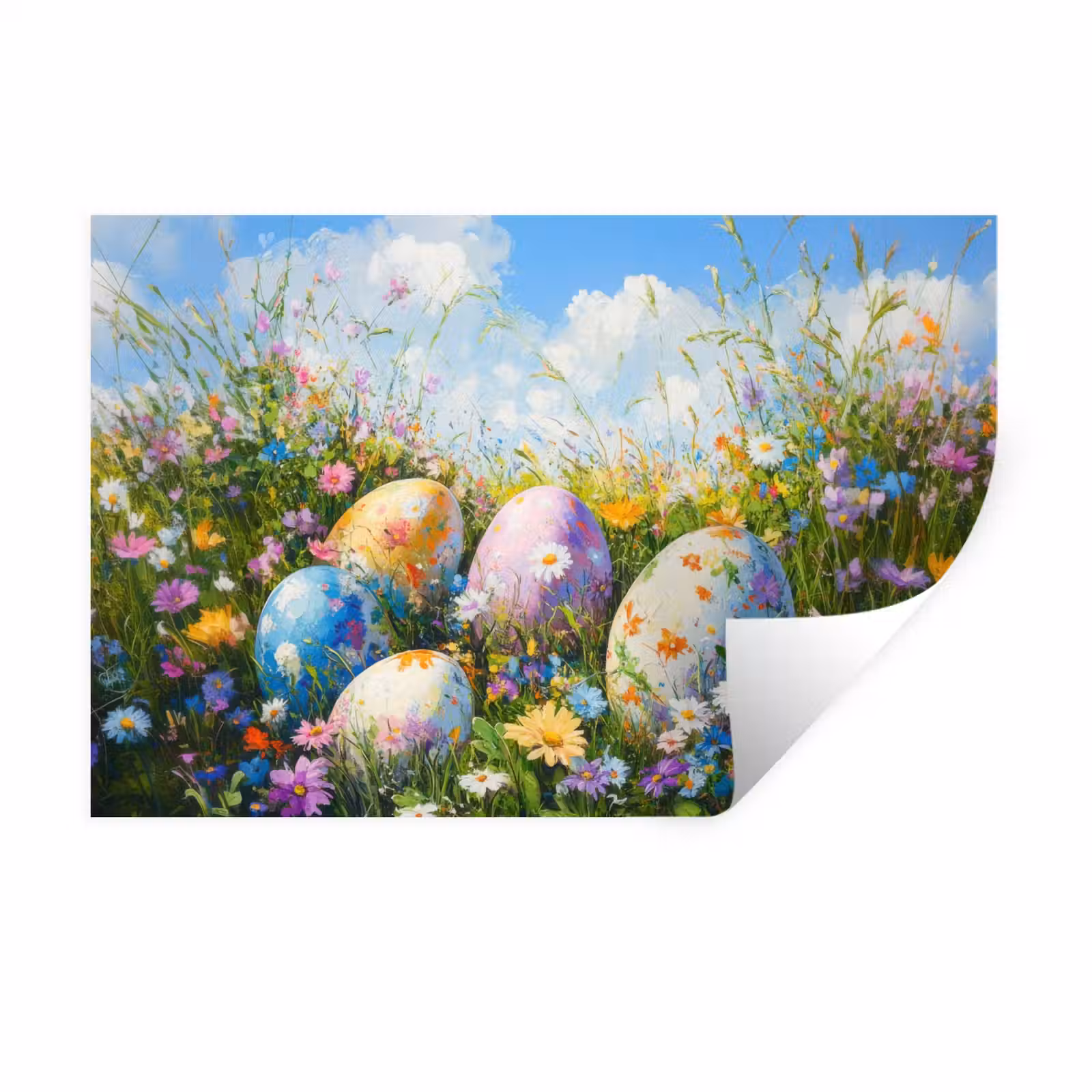 Muursticker - Grasveld - Eieren - Bloemen — 1