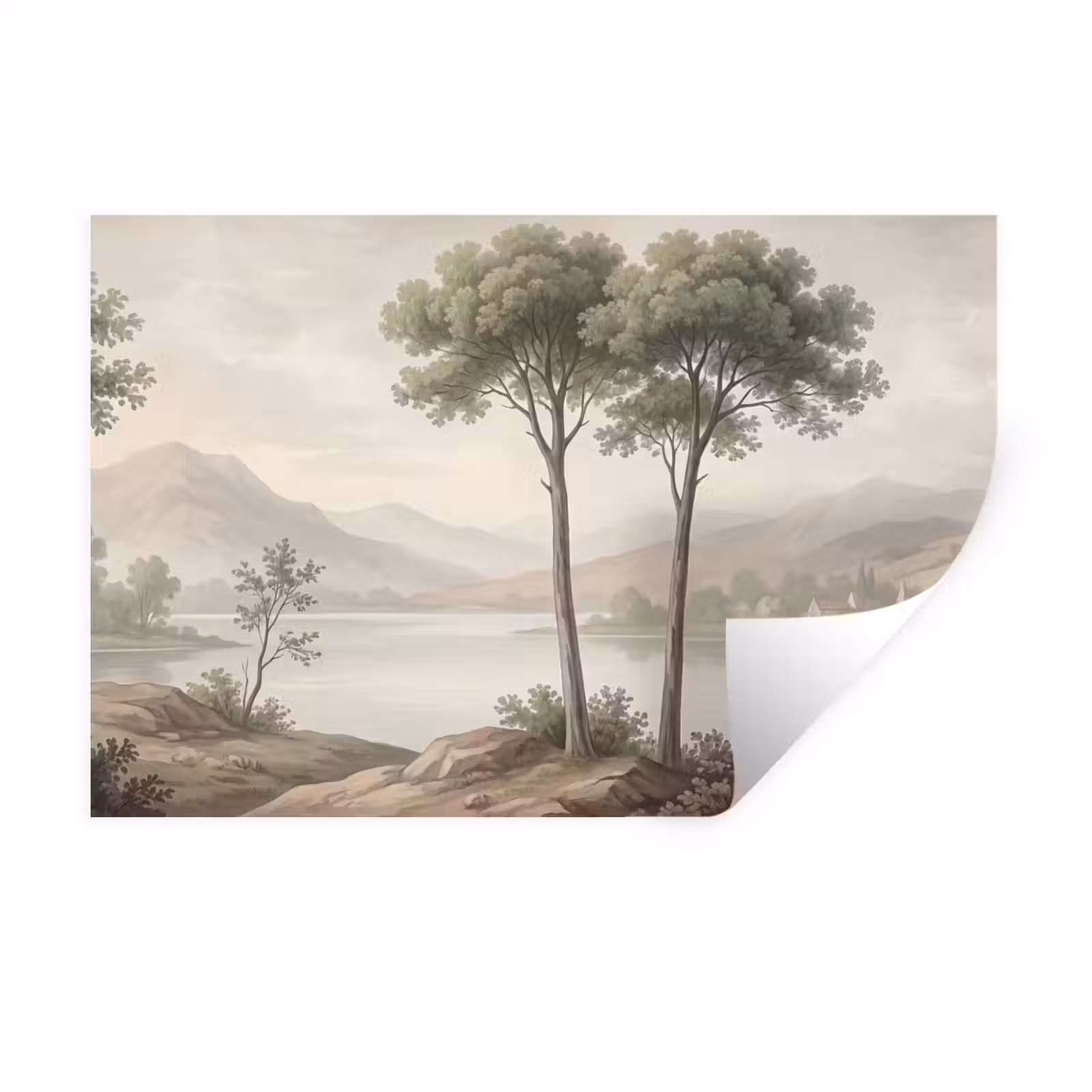 Muursticker - Bomen - Meer - Bergen - Illustratie — 1