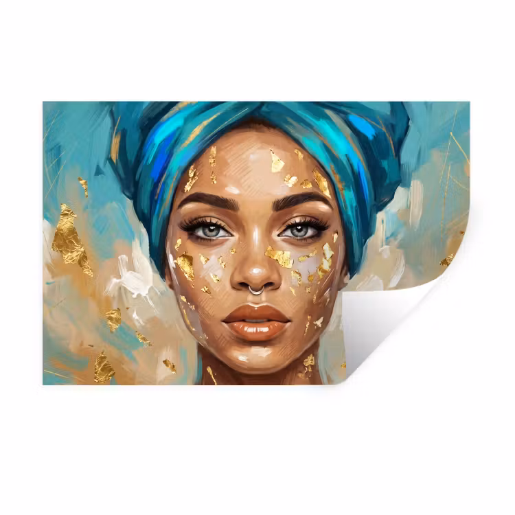Muursticker - Portret - Vrouw - Schilderij - Blauw - Goud - Expressief — 1