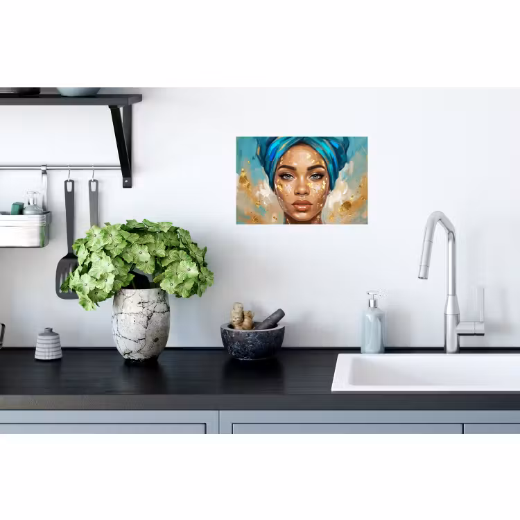 Muursticker - Portret - Vrouw - Schilderij - Blauw - Goud - Expressief — 2