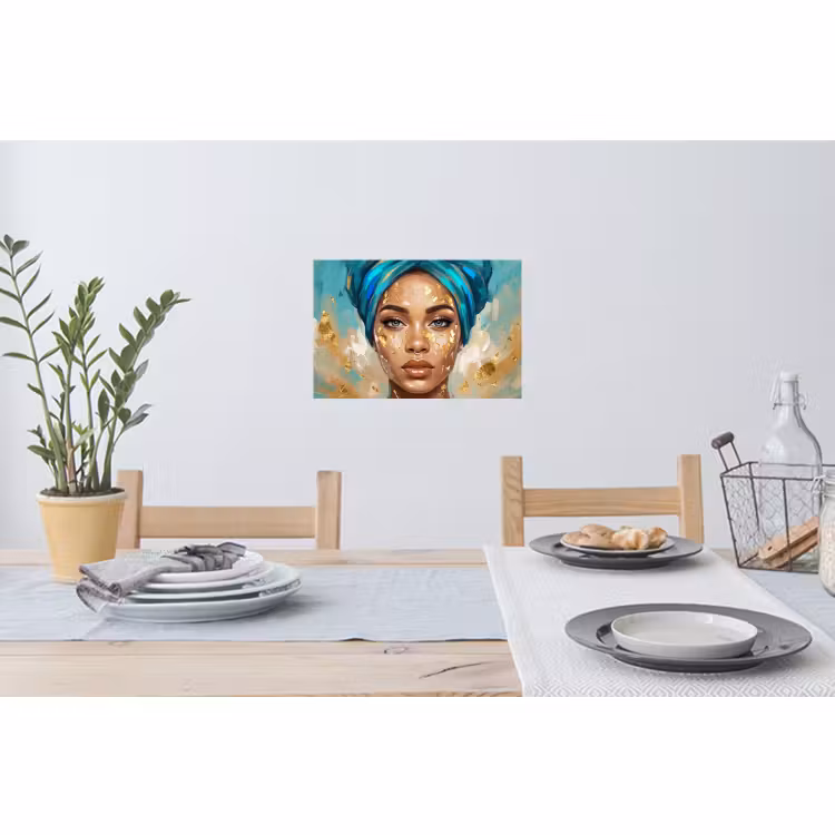 Muursticker - Portret - Vrouw - Schilderij - Blauw - Goud - Expressief — 3