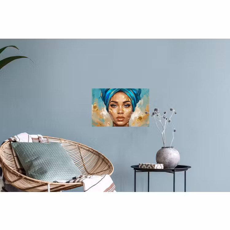 Muursticker - Portret - Vrouw - Schilderij - Blauw - Goud - Expressief — 4