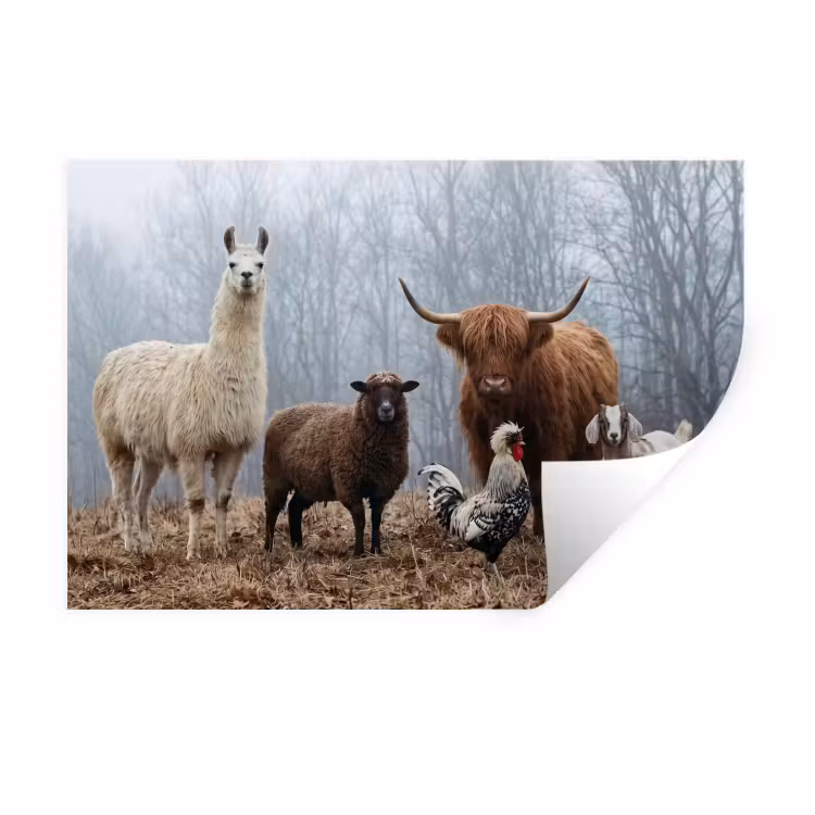 Muursticker - Boerderijdieren - Groep - Mist - Natuur - Rustiek — 1