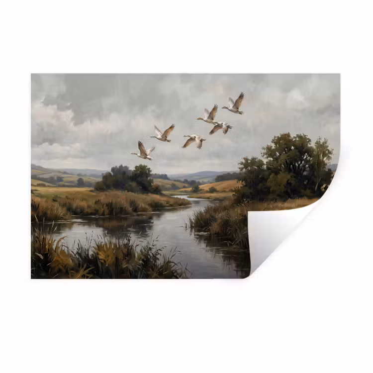 Muursticker - Eenden - Rivier - Landschap - Vlucht - Nostalgisch — 1