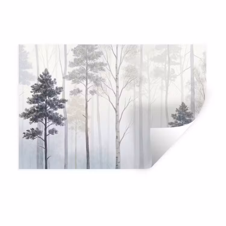 Muursticker - Bos - Bomen - Mist - Natuur - Illustratie - Grijs — 1