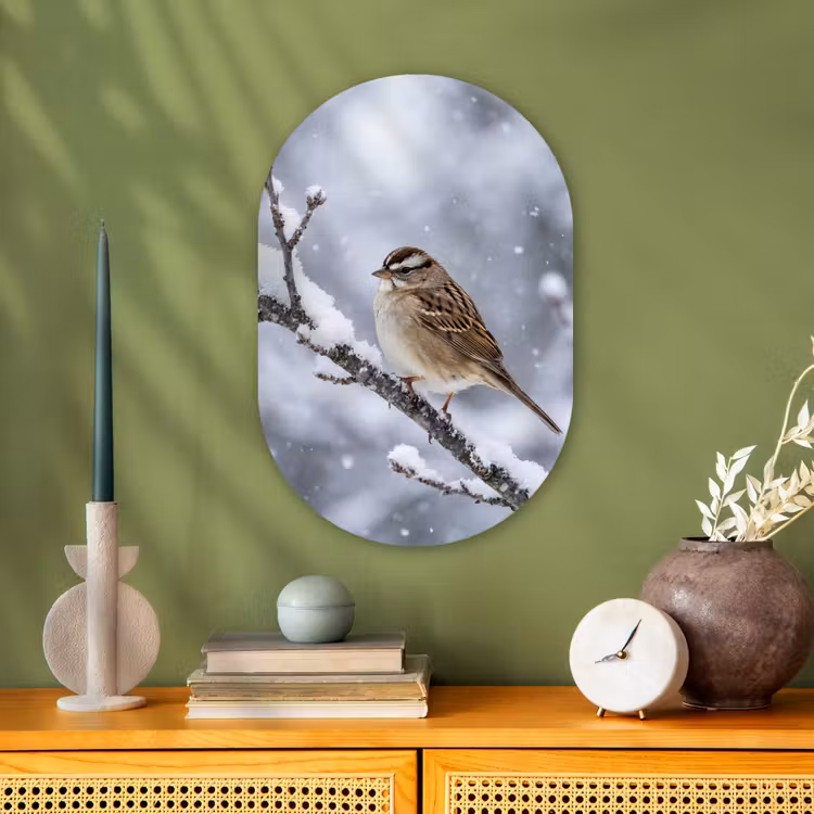 Muurovaal - Kunststof - Vogel - Tak - Sneeuw - Winter — 2