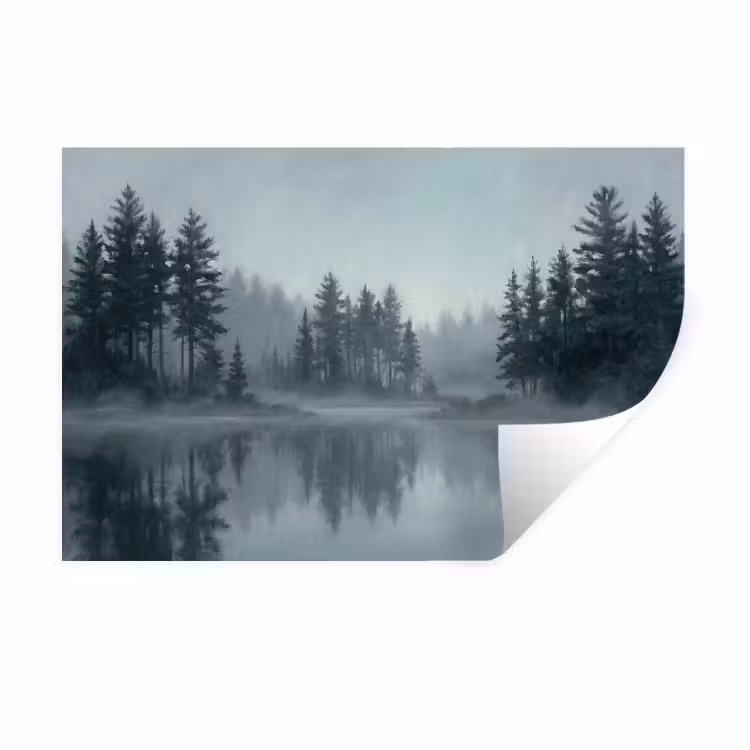 Muursticker - Bos - Meer - Mist - Natuur - Grijs — 1