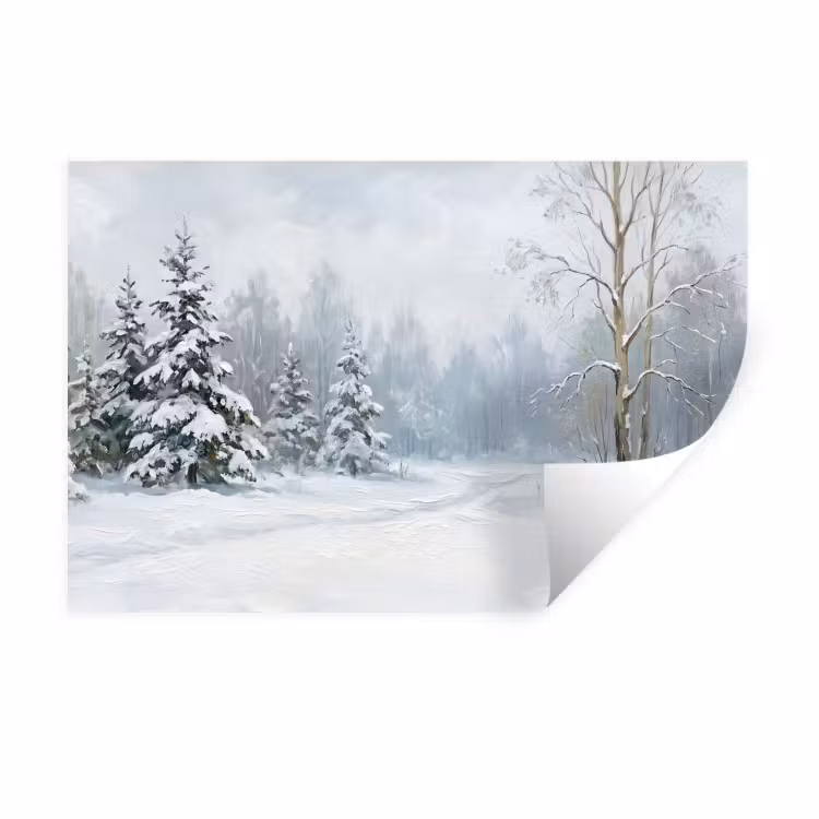 Muursticker - Bospad - Dennen - Sneeuw - Winter - Rustgevend — 1